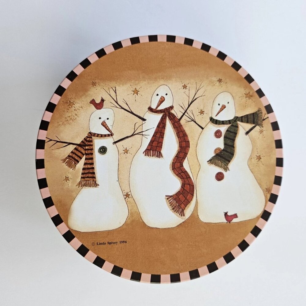 Vintage 1996 Linda Spivey Snowman Tin – 7" Round Storage Box – Country Primitive